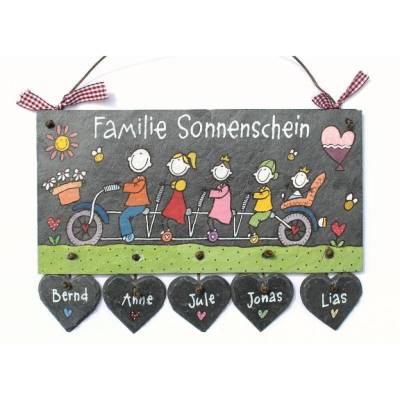 Personalisiertes Türschild aus Schiefer – Familie auf Fahrrad, handgemacht & wetterfest, außergewöhnliches Geschenk