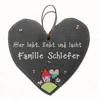 Schieferherz aus Naturschiefer handbemalt - Türschild Familie mit Name personalisiert - wetterfestes Schieferschild - einmaliges Geburtstagsgeschenk für Frauen & Männer