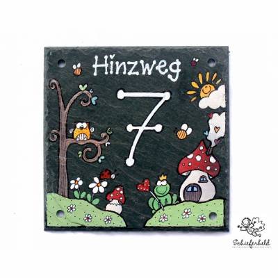 Hausnummer Schiefer mit Straßenname – Personalisiertes, buntes Designer-Hausnummernschild