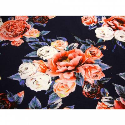 Baumwolljersey Blumen Bouquet de Fleurs blau Digitaldruck Ökotex100 Meterware Stoffe Jersey nähen Kleider Röcke