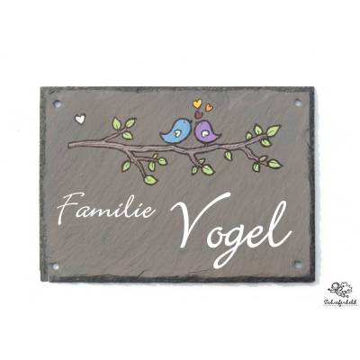 Personalisiertes Haustürschild Schiefer – Verliebte Vögel, Namensschild für Paare & Familien