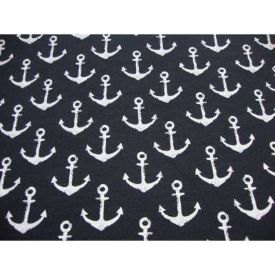 French Terry Sommersweat Anker weiß/blau-schwarz maritim 3,5cm Anker, Stoffe Meterware nähen Hoody Schals Kleider Jacken