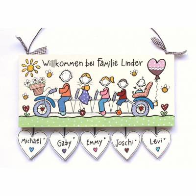 Türschild aus Holz für Familien mit Namen und Figuren auf einem Fahrrad personalisiert, einzigartiges Design, hochwertige Verarbeitung, exklusive Bemalung, individuelle Gestaltung