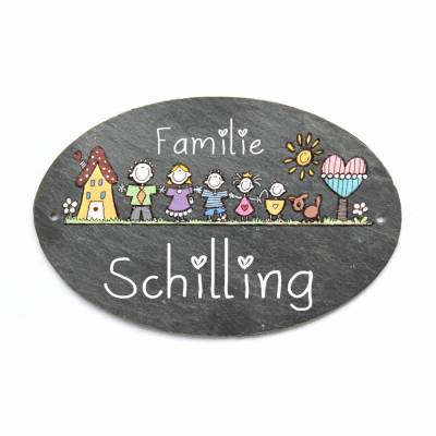 Ovales Türschild Familie aus Schiefer – personalisiert mit Name, handgemacht & wetterfest, buntes Haustürschild mit Figuren, einzigartige Schiefertafel handbemalt, Schieferschild für Haus und Wohnung