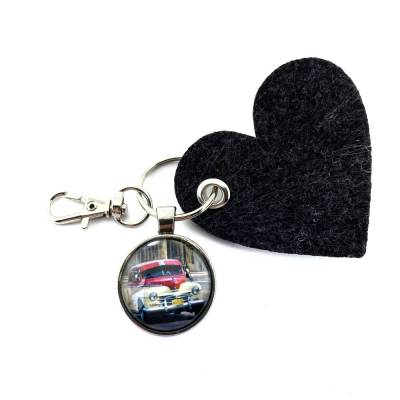 Kuba Oldtimer Schlüsselanhänger mit Foto Cabochon und Filzherz made in Deutschland