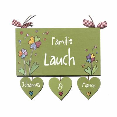 handgemaltes Türschild Pusteblume Glücksklee, exklusives Haustürschild für Familien, dekoratives Holzschild mit Name personalisiert, individuelles Namensschild für Haus und Wohnung