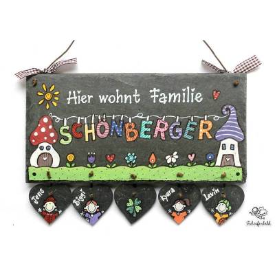 Personalisierbares Schieferschild für Familien – Handgemaltes Haustürschild Wäscheleine, wetterfest & einzigartig