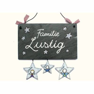 Geschenk Schieferschild für die ganze Familie personalisiert mit Namen, Türschild aus Schiefer mit Sternen, Familiengeschenk für das Zuhause