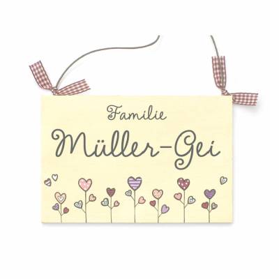 Türschild aus Holz für Familien mit Name personalisiert, Holzschild mit Motiv Herzblumen handgemalt, einzigartiges Geschenk Haustürschild für den Eingang Haus und Wohnung