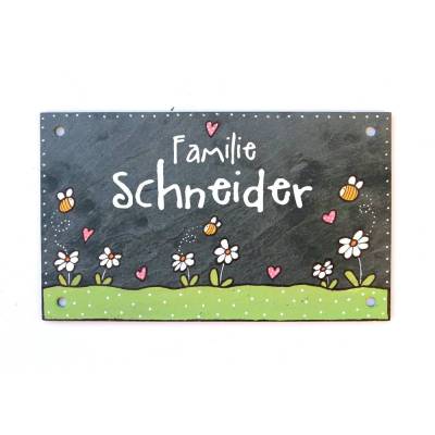 Set Schiefer Türschild + Hausnummer Biene + Blume handbemalt individuell personalisiert