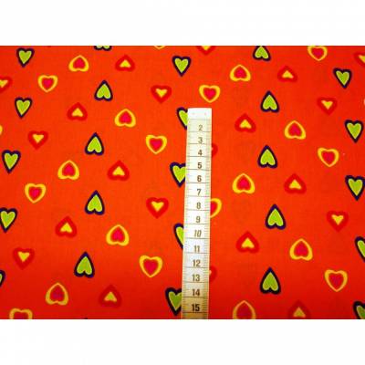 Baumwollstoff „bunte Herzen“ orange – 100% Baumwolle, Stoffbreite 140cm, waschbar, ideal für Kinderzimmer & DIY