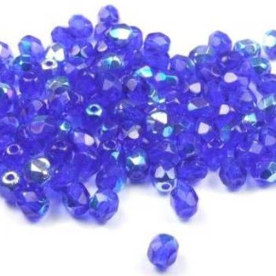 Glasschliffperlen, böhmisch, feuerpoliert, 4mm, royalblau AB, 50 Stück