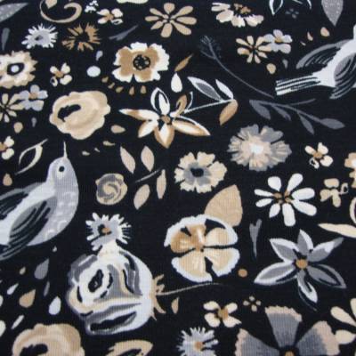 Reststück 1,06m Baumwolljersey Blumen & Vögel auf Schwarz – Reststück elastischer Jersey, 150cm breit