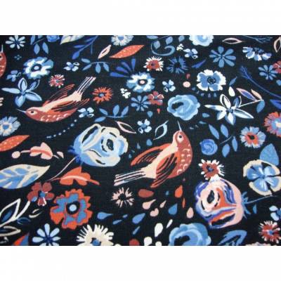 Baumwolljersey Blumen Vögel auf marine – FLOWER BIRD Jersey Meterware, elastisch, ideal zum Nähen