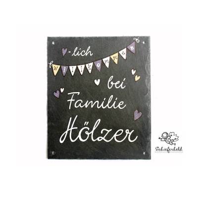 Personalisiertes Haustürschild Familie – Schieferschild mit Name, handgefertigt, wetterfest, Geschenkidee