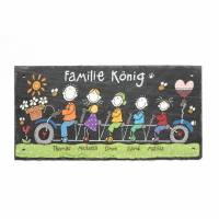 Türschild aus Schiefer für Familien mit Namen und Figuren auf Fahrrad personalisiert, buntes Haustürschild, exklusives Schieferschild, einmaliges Familientürschild, perfektes Familiengeschenk