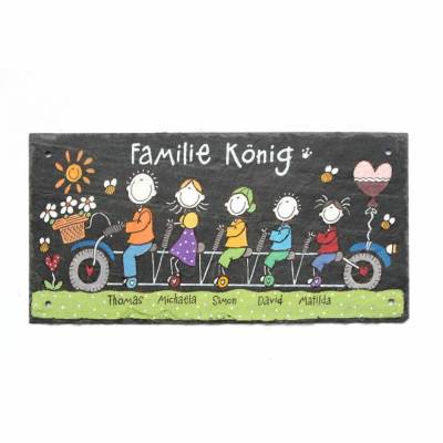Türschild aus Schiefer für Familien mit Namen und Figuren auf Fahrrad personalisiert, buntes Haustürschild, exklusives Schieferschild, einmaliges Familientürschild, perfektes Familiengeschenk