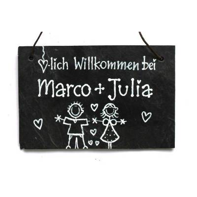 Personalisiertes Türschild aus Schiefer für Paare – Handgefertigtes Willkommensschild mit Namen & Figuren