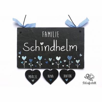 Personalisiertes Haustürschild Familie – Schieferschild mit Name & Anhänger, wetterfest & handgefertigt
