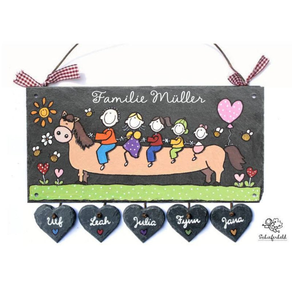 Personalisiertes Haustürschild aus Schiefer – Familienschild mit Name & Pferd, handgemachtes Türschild wetterfest Bild 1
