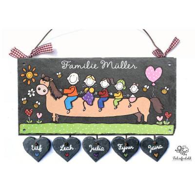 Personalisiertes Haustürschild aus Schiefer – Familienschild mit Name & Pferd, handgemachtes Türschild wetterfest