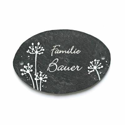 Personalisiertes Schiefer Türschild oval – Familien Namensschild wetterfest mit Pusteblumen, handgemacht, einzigartiges Familiengeschenk