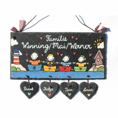 Maritimes Schiefer Haustürschild personalisiert – Handgefertigtes Familienschild mit Name, Boote & Herzanhänger