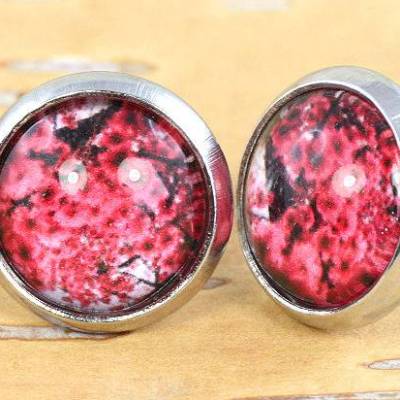 Kirschblüten, Cabochon Ohrstecker, silberfarben, 10mm