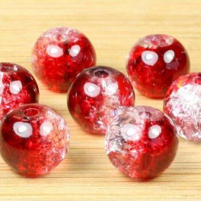 20 Perlen aus Glas, gebrochen, rund, rot-weiß, 8mm