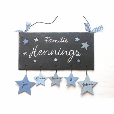 Türschild aus Schiefer für Familien mit Namen personalisiert. Schieferschild mit Sternen in grau und blau, exklusives Haustürschild wetterfest & dekorativ, Familiengeschenk