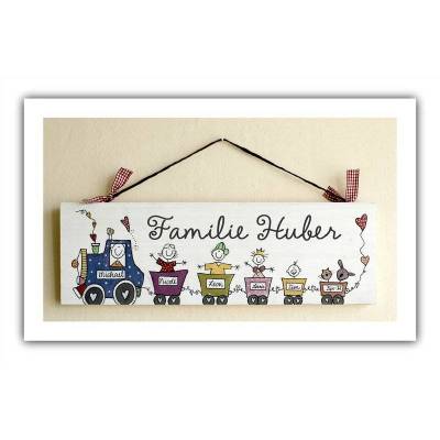 handgemachtes Türschild Familie aus Holz mit Name personalisiert, außergewöhnliches Holzschild mit Eisenbahn, individuelles Haustürschild mit Zug / Lok / Waggons