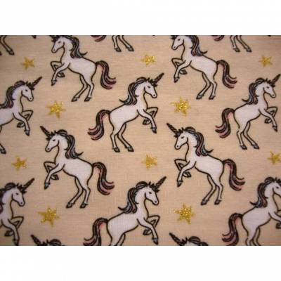 Baumwolljersey Einhorn beige mit goldenen Glitzersternen – Meterware soft skin für einzigartige Nähprojekte
