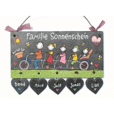 Türschild Familie aus Schiefer mit Name und Figuren auf Fahrrad personalisiert - individuelles Schieferschild handgemalt - exklusives Familiengeschenk - dekorativ für Wohnungstür und Hauseingang