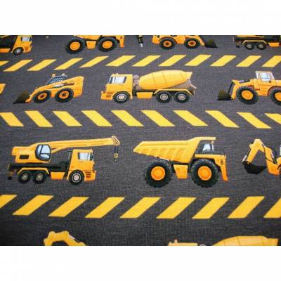 Baumwolljersey Baustellenfahrzeuge taupe orange gelb graubraun – Meterware ökotex100 nähen Stoffe Jersey Mitwachshose