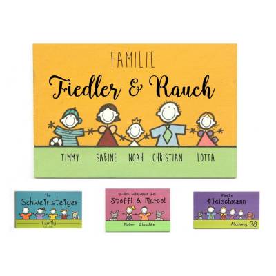 Türschild für Familien mit Namen und Figuren personalisiert - Buntes Holzschild, dekoratives  Haustürschild, handgemachtes Namensschild, Familiengeschenk für das Zuhause