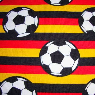 Jersey Stoff Fußbälle Deutschland gelb rot schwarz – Baumwolljersey für Kinderkleidung, Oeko-Tex, Meterware