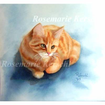 Rote Katze Aquarellbild handgemalt – Tierporträt in Blau, Ocker, Rotbraun & Weiß mit grünen Augen 30 x 32 cm Unikat