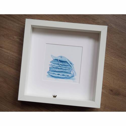 Froschprinz auf der Erbse, gerahmte Zeichnung, witziges Froschbild, Froschkönig, Prinzessin auf der Erbse, Märchenbild