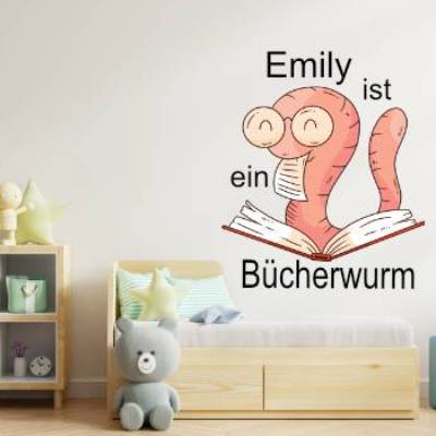 Tolles Wandtattoo Bücherwurm für das Kinderzimmer, Spielzimmer,konturgeschnitten in 6 Größen ab 30 cm B x 30 cm H