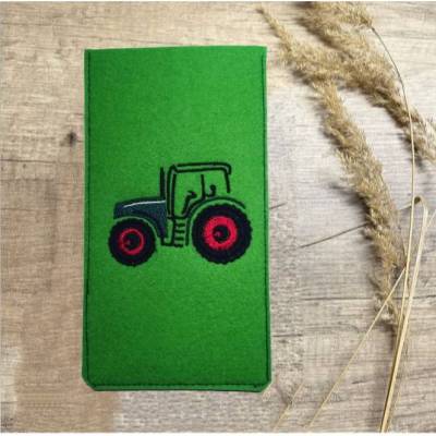 Smartphonehülle mit Traktor - Stickerei / Schutzhülle aus Wollfilz / Handyhülle Handytasche personalisierbar 