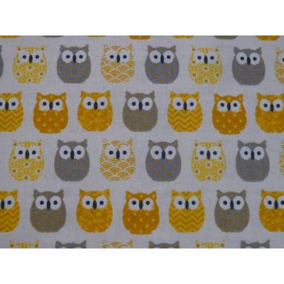11,10 EUR/m Baumwolle Stoff Mini Hiboux Eulen gelb - grau auf weiß