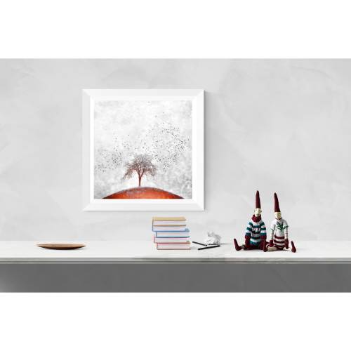 Märchenhafte Illustration Baum im Winter und Vögel im Schneegestöber, quadratisches Wandbild, Größe 20 x 20, 30 x 30 cm