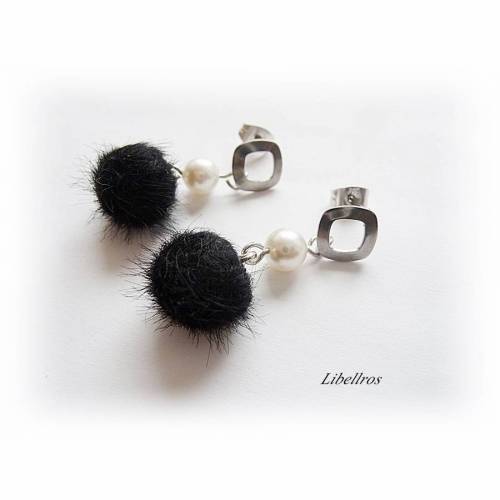 1 Paar Ohrstecker mit PomPom,Puschel - Ohrringe,Ohrhänger,schwarz,silberfarben,edel,elegant