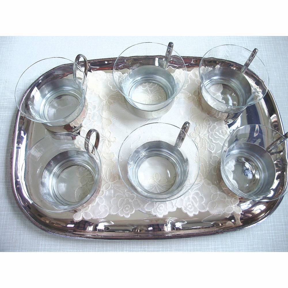 Vintage Teeservice 6 Teegläser mit Tablett Metall versilbert Jena Glas aus den 70er Jahren
