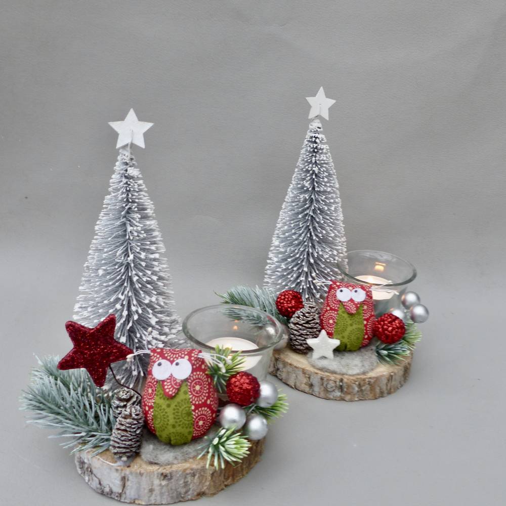 Advents-Gesteck mit Eule, Tanne, Baumscheibe und Teelicht, rote Weihnachts-Tisch-Deko Bild 2