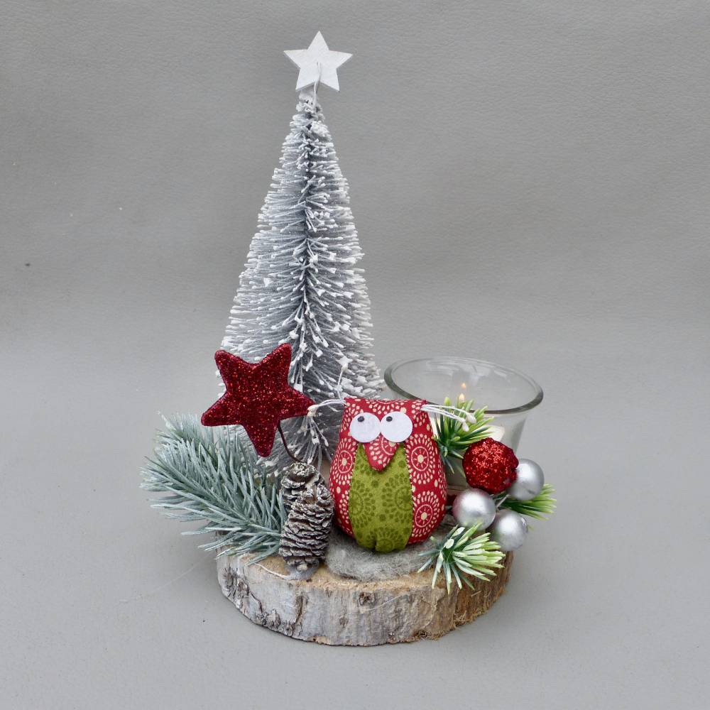 Advents-Gesteck mit Eule, Tanne, Baumscheibe und Teelicht, rote Weihnachts-Tisch-Deko Bild 4