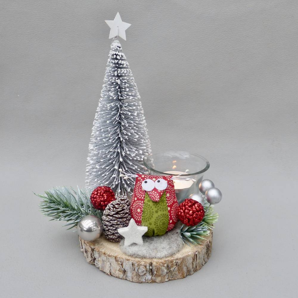 Advents-Gesteck mit Eule, Tanne, Baumscheibe und Teelicht, rote Weihnachts-Tisch-Deko Bild 7