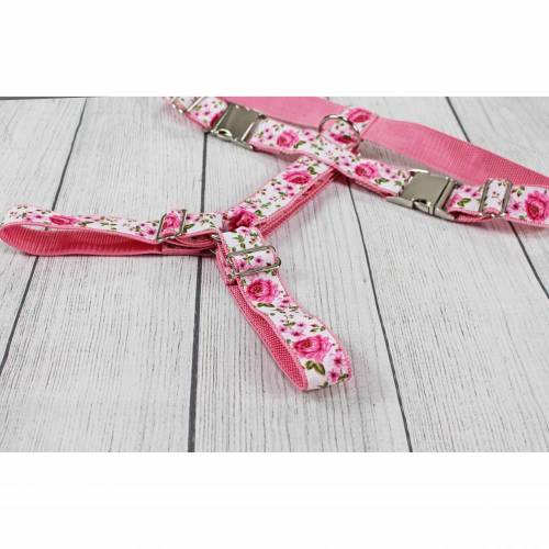 Hundegeschirr mit Rosen, rosa und weiß, Gurtband in rosa, für Hunde, Hochziet, shabby, Welpe, floral, romantisch