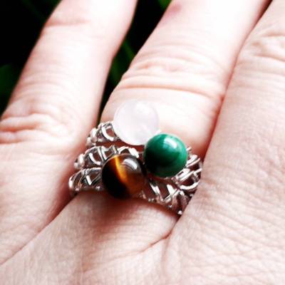 Ring, 925 Silber, Fingerring,mit Malachit,- Rosenquarz- oder Tigeraugeperle, größenverstellbar