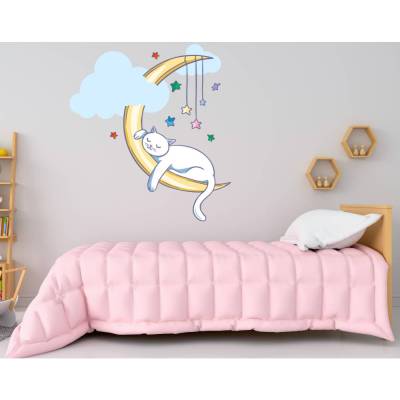 Top Wandtattoo Cat Sleep on Moon für das Kinderzimmer, Spielzimmer,konturgeschnitten in 6 Größen ab 30 cm B x 30 cm H
